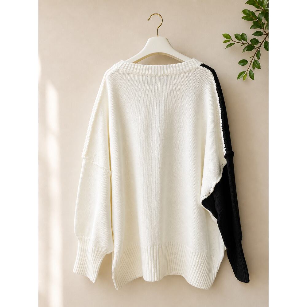Dressed in Lala Yin Yang Oversized Sweater L/XL Black White Slouchy Chunky Knit - Picture 4 of 5